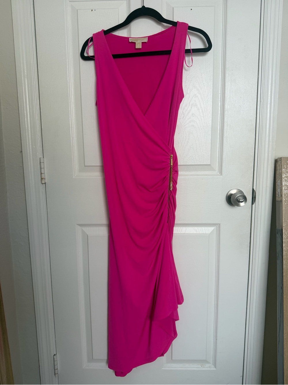 Michael Kors Hot Pink Sleeveless V-Neck Ruched Midi Dress